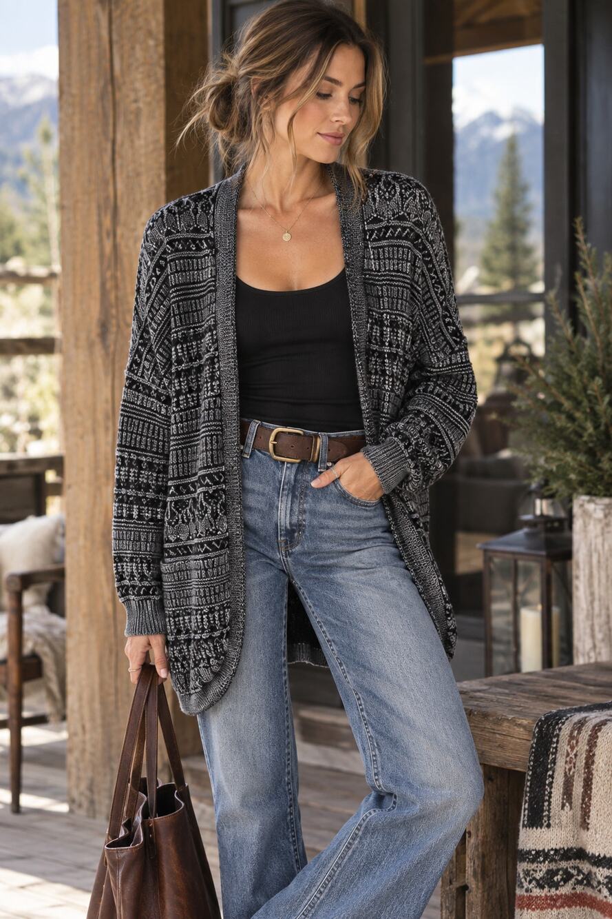 BKE Black Gray Open Knit Cardigan Small 100% Cotton Boho Western Sweater